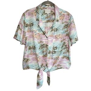 American Eagle Cropped Hawaiian Shirt Purple Blue Tie Front Medium Beach Vacay